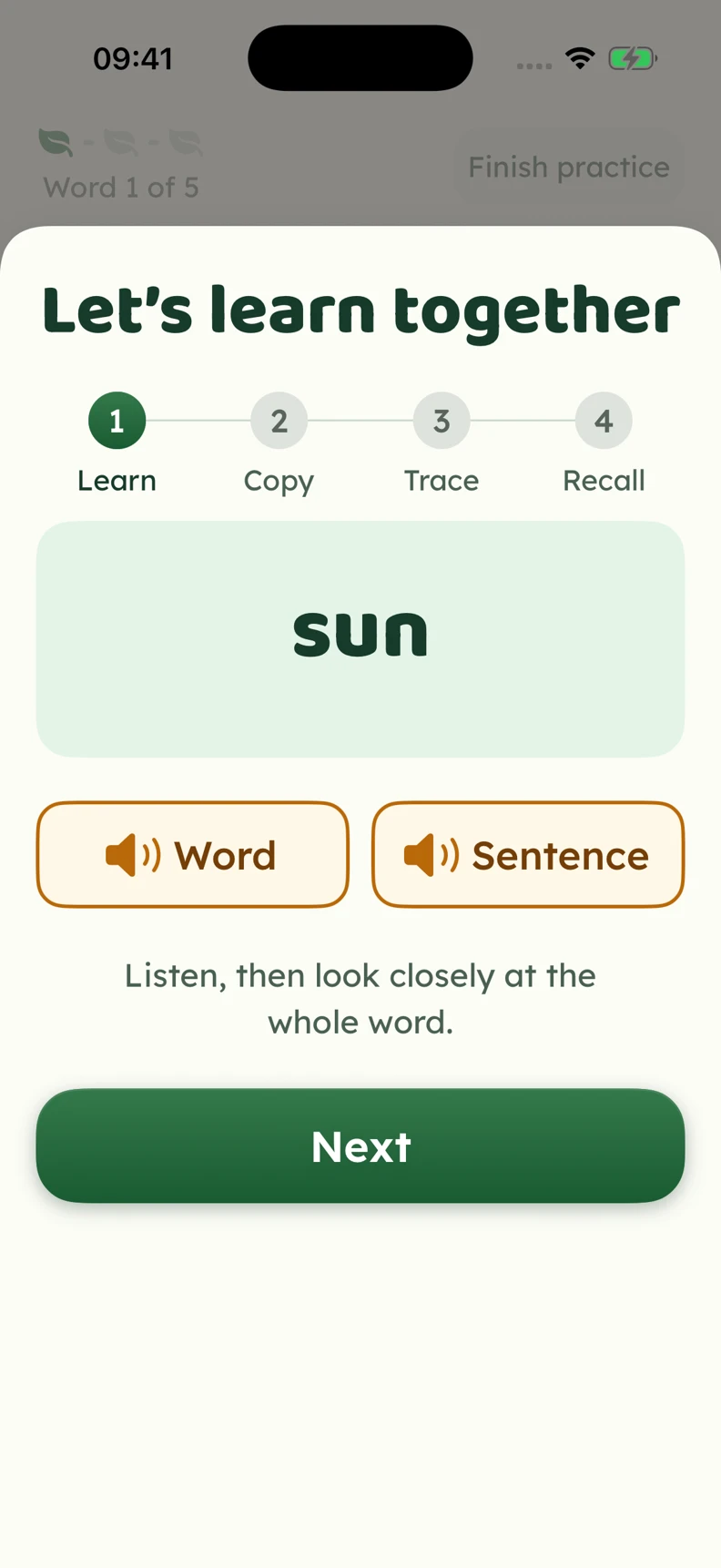 Guided learning showing a word with audio and the Learn, Copy, Trace and Recall steps.
