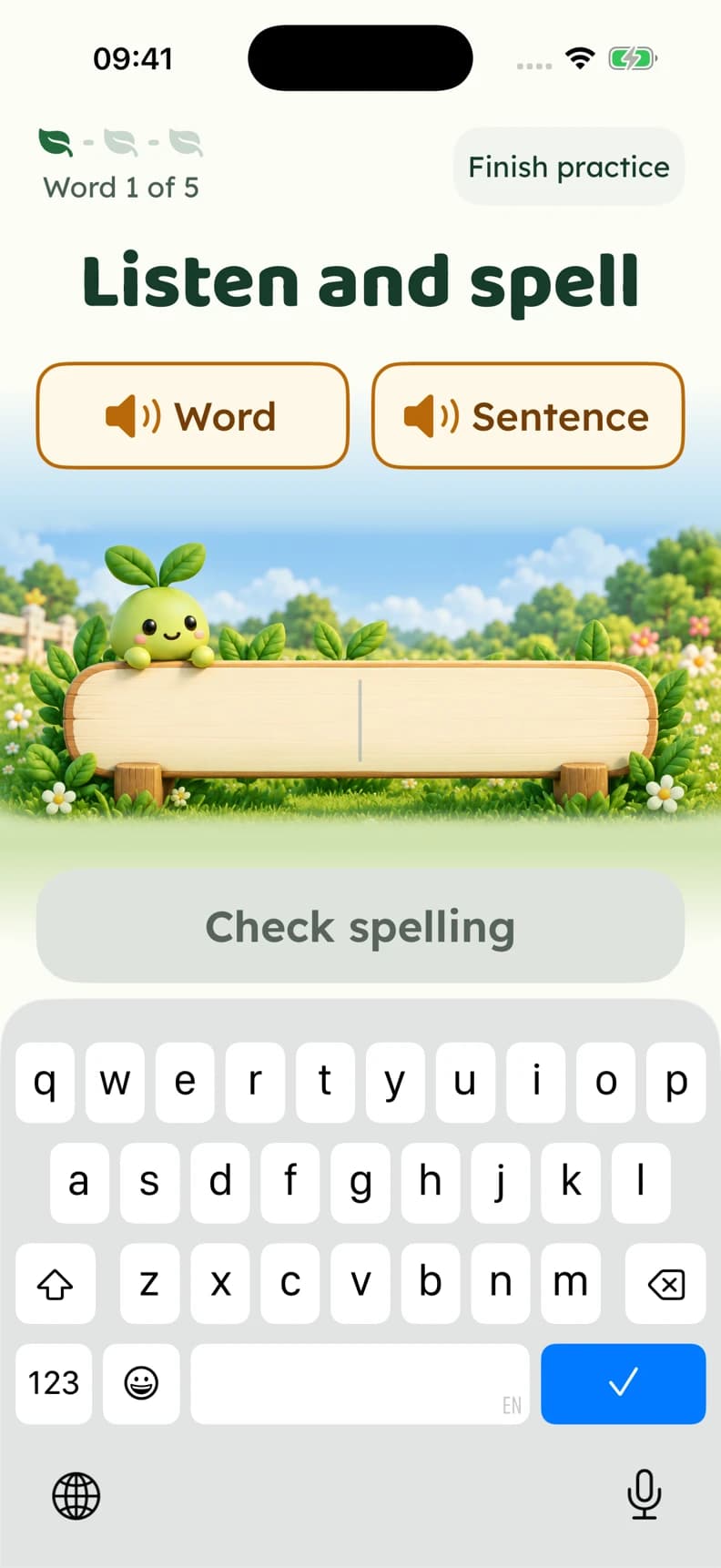 A spelling exercise with a continuous answer field and the native iPhone keyboard.