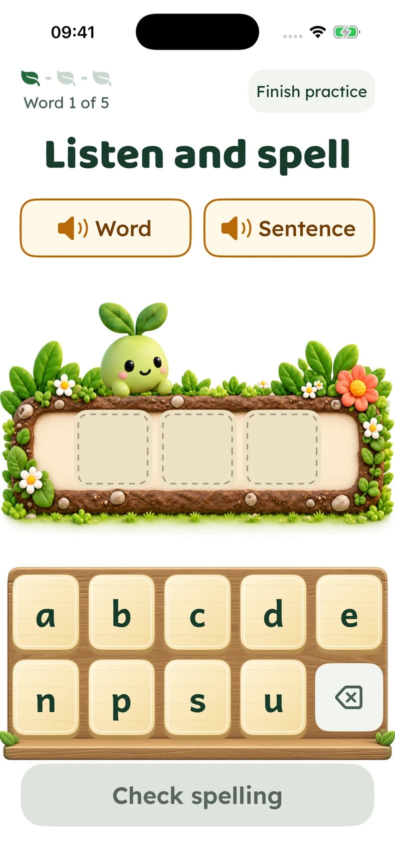 Spelling practice with word and sentence audio and letter tiles.
