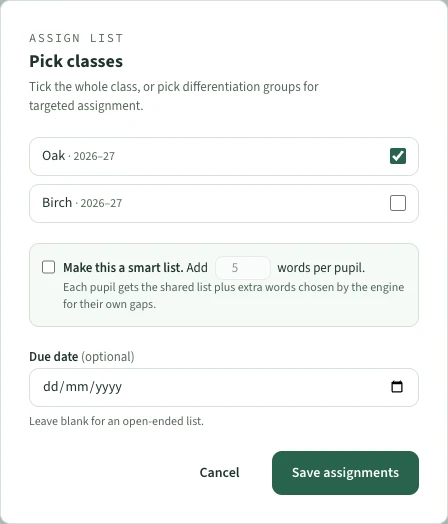 Class assignment controls showing fictional Oak and Birch classes.