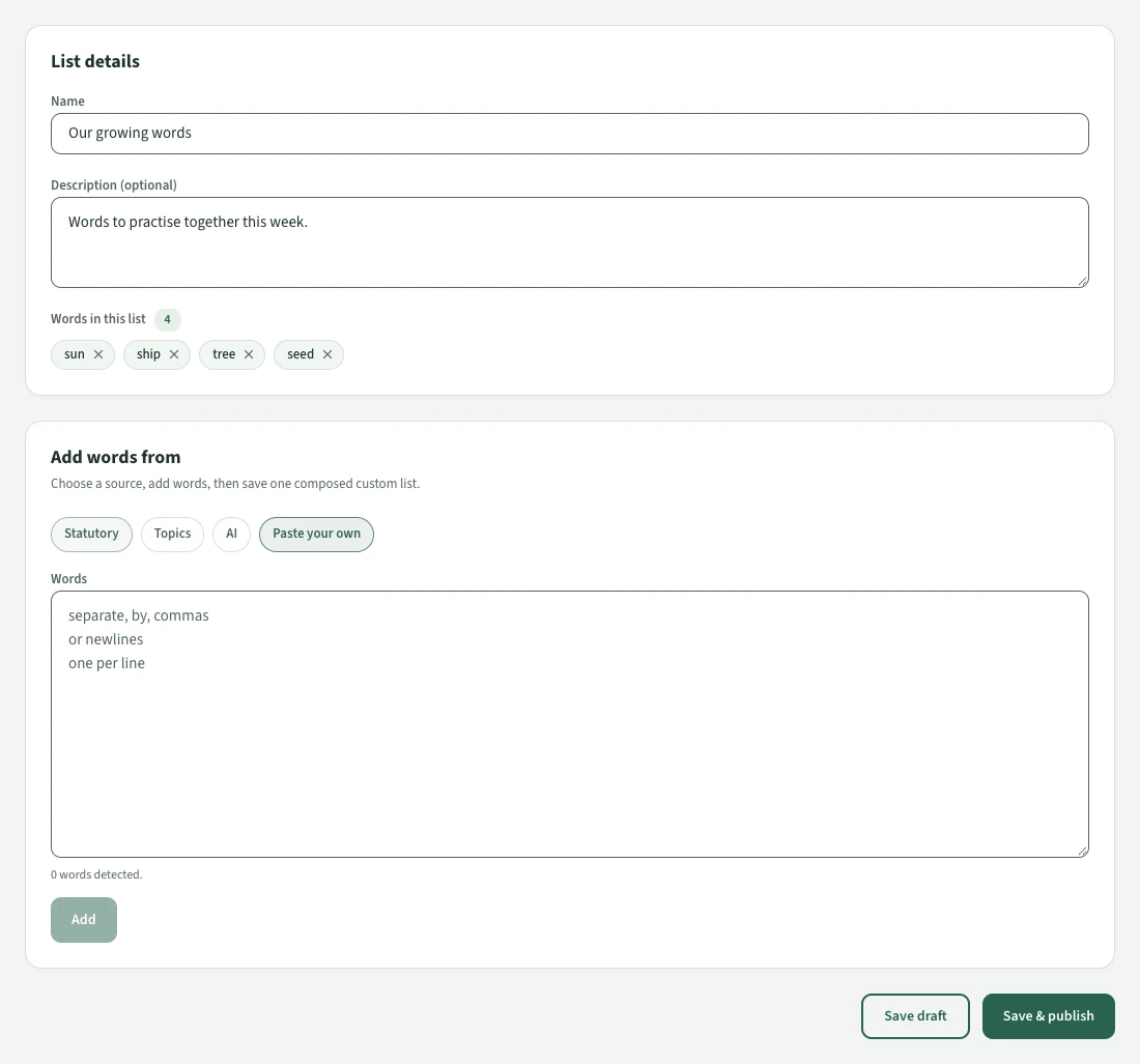 The actual teacher list builder with four example words: sun, ship, tree and seed.