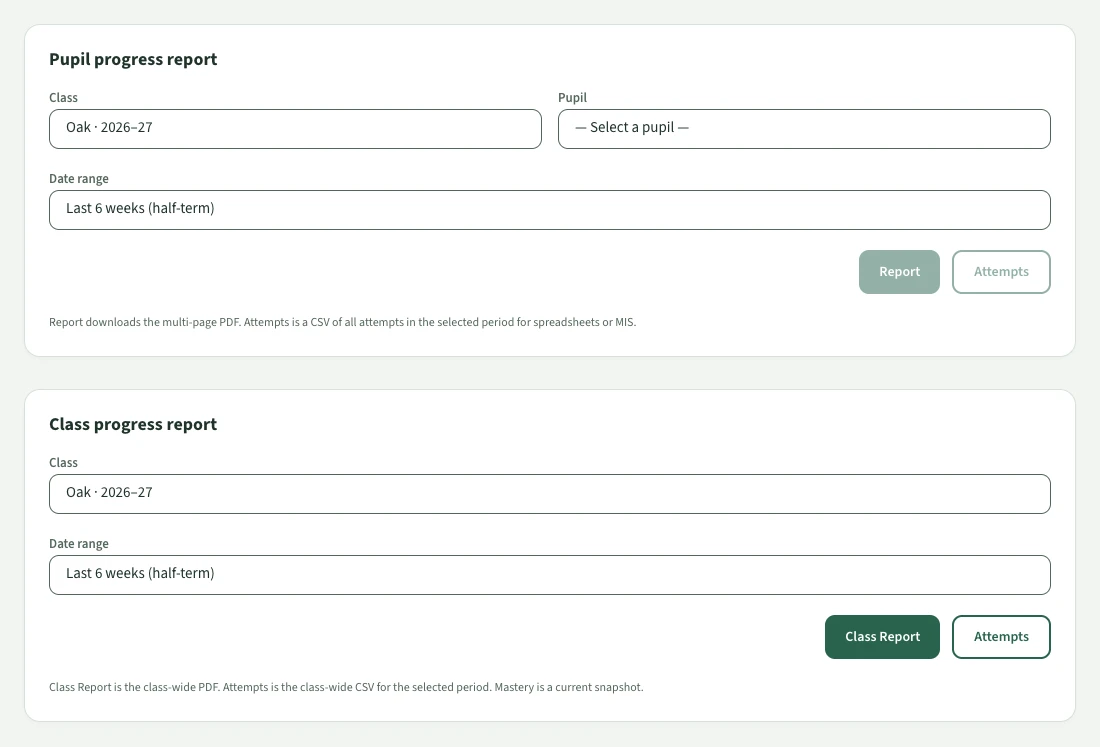 Teacher report controls for a pupil or class and reporting period.