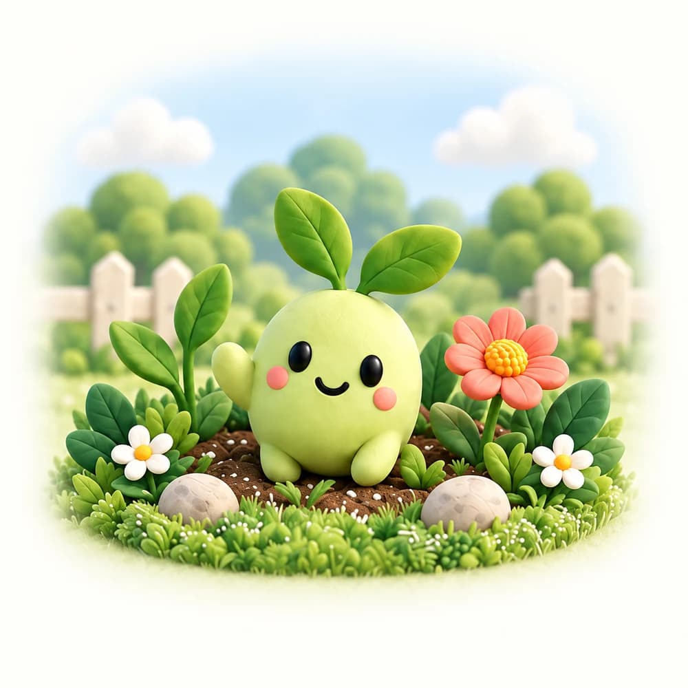 Pip, a little clay sprout, in a garden of leaves and flowers
